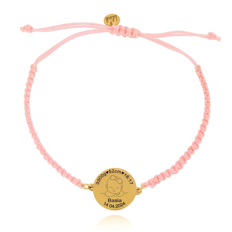 Bransoletka ze stali z metryczką dziecka personalizacja z grawerem na sznurku