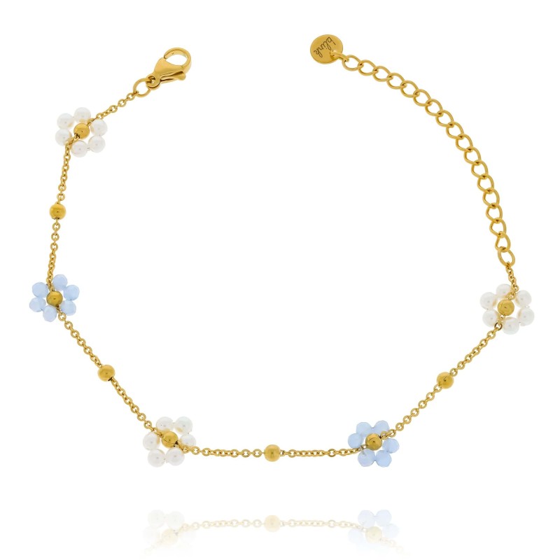 Bransoletka ze stali z niebieskimi i perłowymi kwiatkami koraliki
