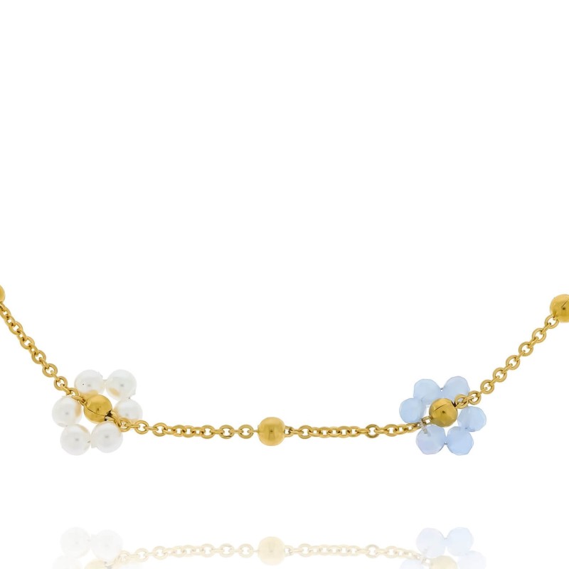 Bransoletka ze stali z niebieskimi i perłowymi kwiatkami koraliki