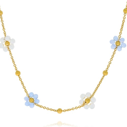 Naszyjnik ze stali z niebieskimi i perłowymi kwiatkami