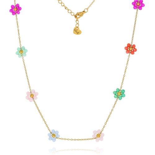 Naszyjnik ze stali z kolorowymi kwiatkami 