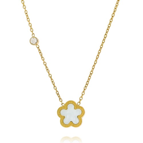 Złoty naszyjnik z białym kwiatkiem stal chirurgiczna 