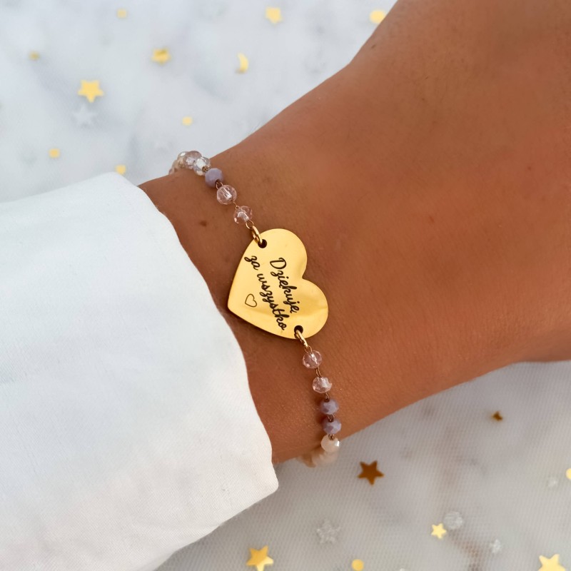 Bransoletka z grawerem  dziękuję za wszystko koraliki kolor różowy