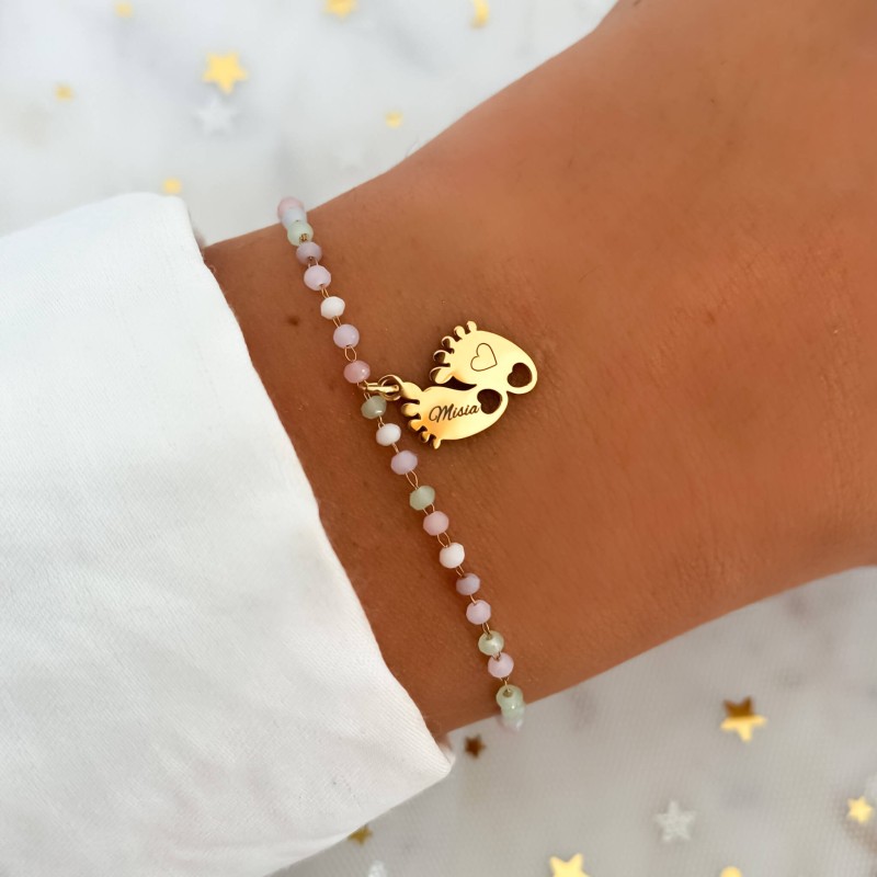 Bransoletka grawer stópki ze stali chirurgicznej personalizowany koraliki