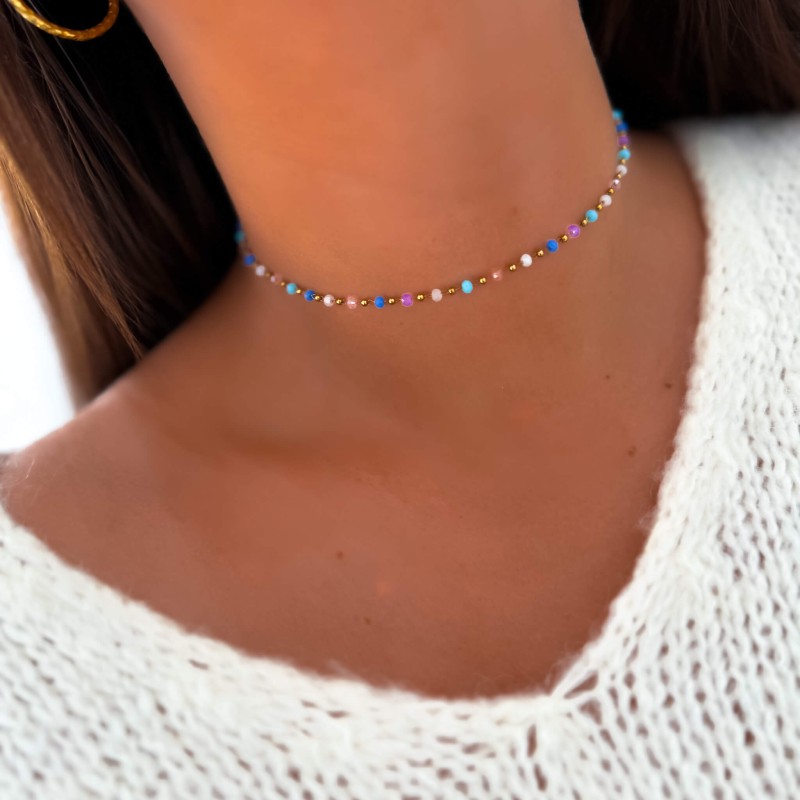 Naszyjnik choker koraliki mix kolorów niebieski fiolet stal chirurgiczna