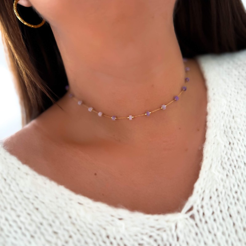 Naszyjnik z kamieniem naturalnym ametyst fioletowy kamyczki