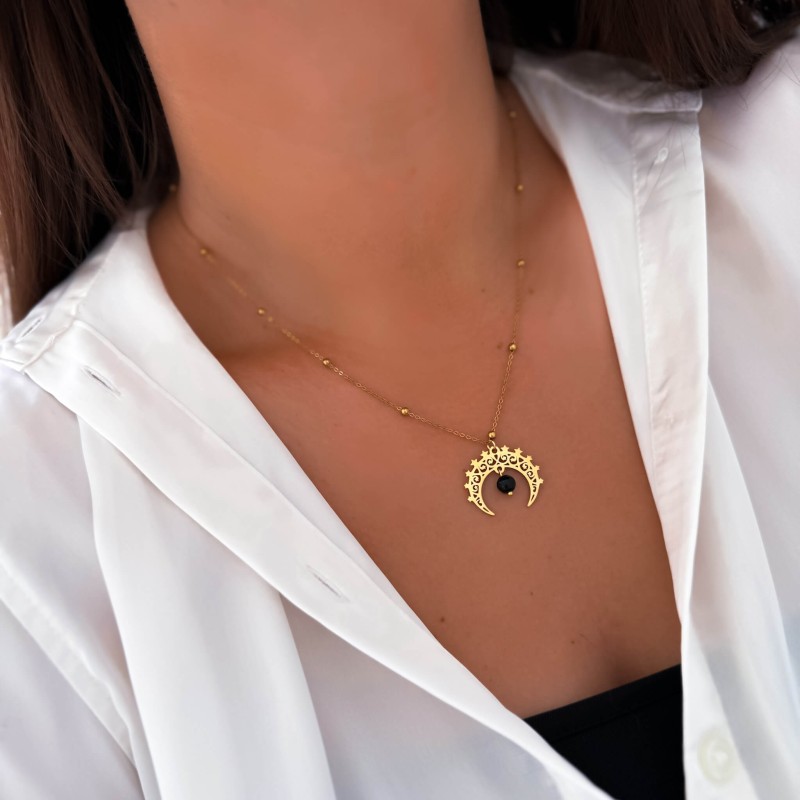 Naszyjnik stal chirurgiczna  kamień turmalin czarny i księżyc ażurowy