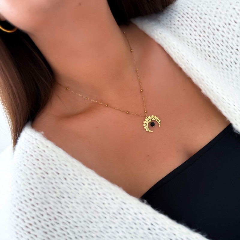 Naszyjnik stal chirurgiczna  kamień turmalin czarny i księżyc ażurowy