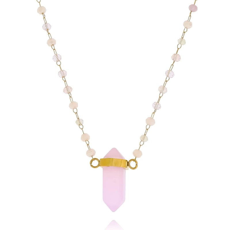 Naszyjnik ze stali z różowymi koralikami i kwarcem  – Subtelna Elegancja i Styl