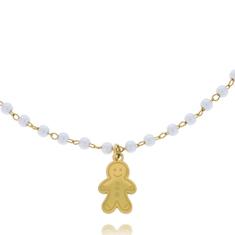 Bransoletka ze stali chirurgicznej z zawieszką w kształcie pierniczka i perłowymi koralikami