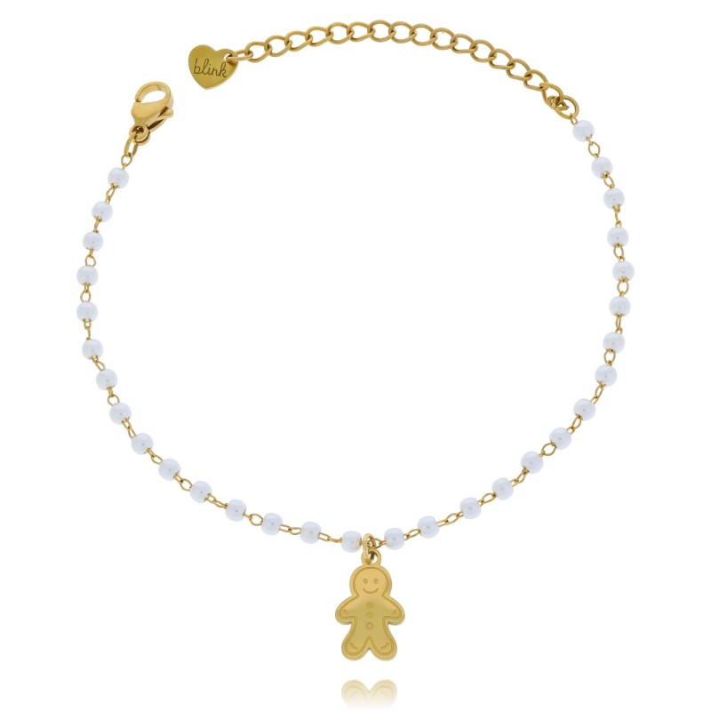 Bransoletka ze stali chirurgicznej z zawieszką w kształcie pierniczka i perłowymi koralikami