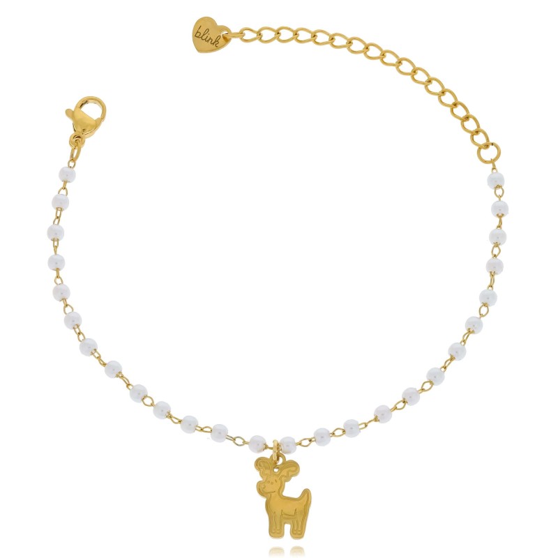 Bransoletka z reniferem ze stali chirurgicznej  z perłowymi koralikami