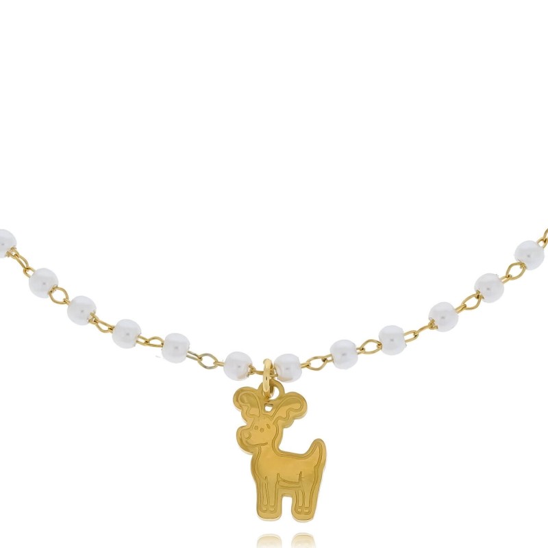 Bransoletka z reniferem ze stali chirurgicznej  z perłowymi koralikami