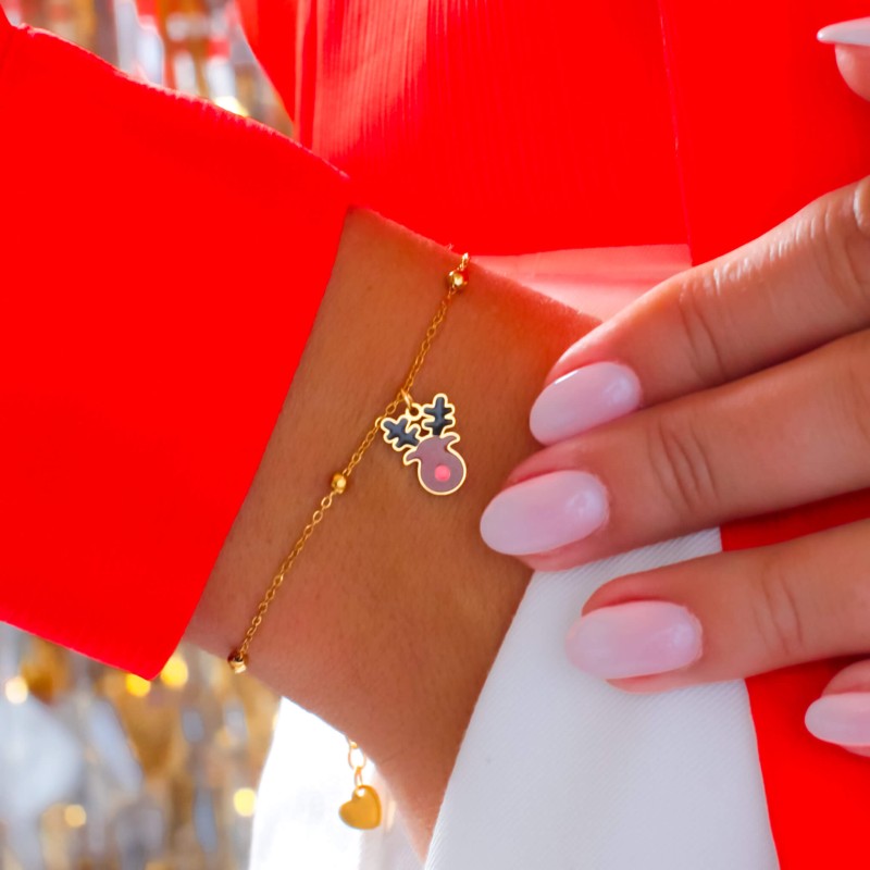 Bransoletka z reniferem emaliowanym na łańcuszku ze stali