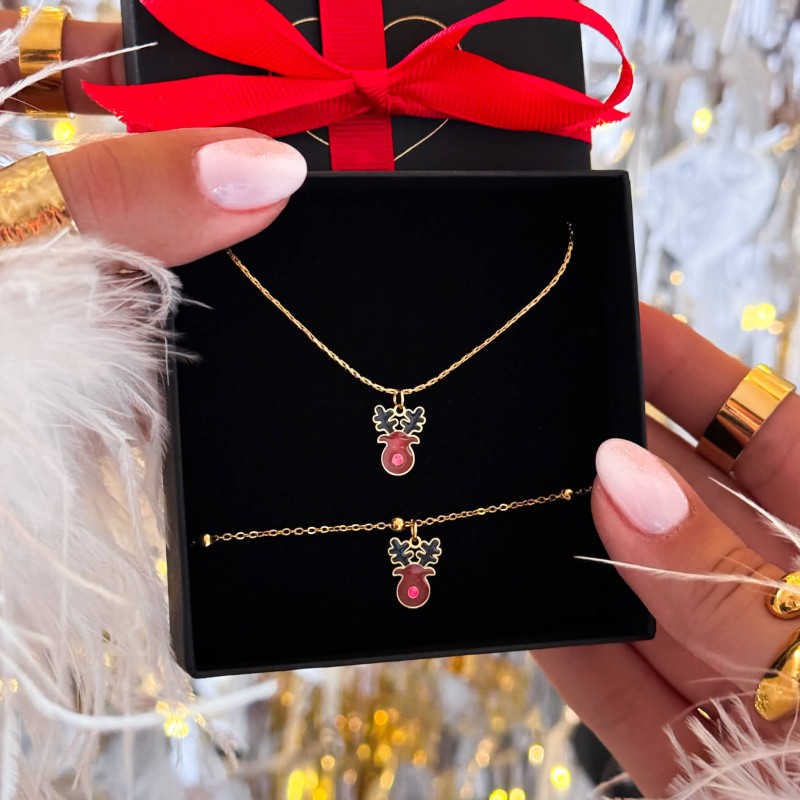 Naszyjnik zimowy z emaliowanym reniferem stal pozłacana