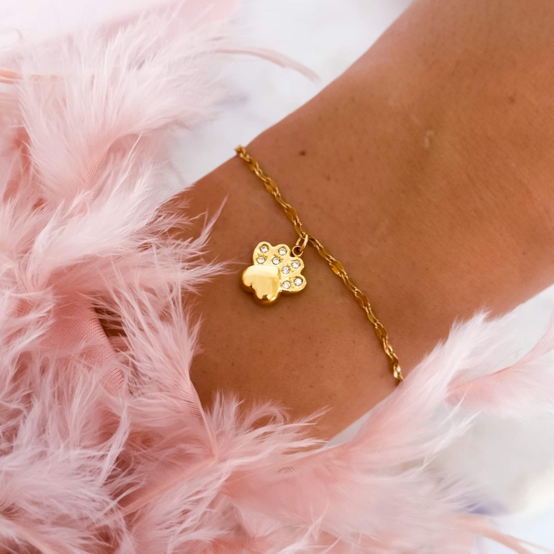 Bransoletka dla psiej kociej ze stali chirurgicznej kolor złoty łapka z kryształkiem