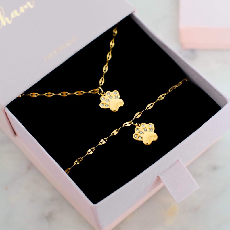 Naszyjnik dla psiej kociej ze stali chirurgicznej kolor złoty łapka z kryształkiem