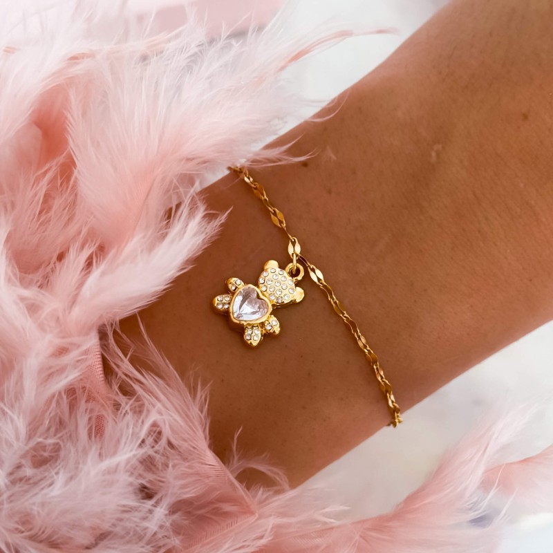 Bransoletka z uroczym misiem i kryształkiem ze stali chirurgicznej kolor złoty