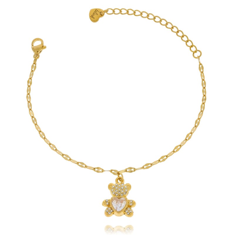 Bransoletka z uroczym misiem i kryształkiem ze stali chirurgicznej kolor złoty