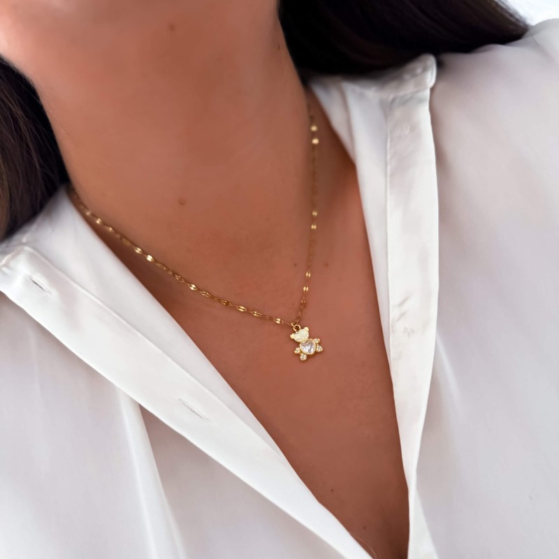 Naszyjnik z uroczym misiem i kryształkiem ze stali chirurgicznej kolor złoty