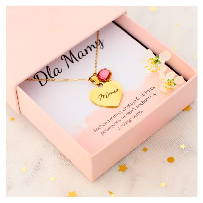 Złoty naszyjnik dla mamy w kształcie serca z grawerem i wymiennym kryształkiem