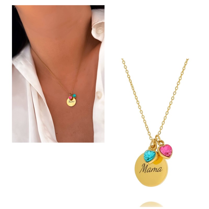 Naszyjnik Mama z kryształkami w kształcie serca, grawerem i personalizacją – stal chirurgiczna, widok na białym tle
