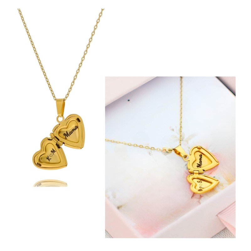 Naszyjnik Mama z otwieranym medalionem serce i miejscem na inicjały dziecka – widok na białym tle