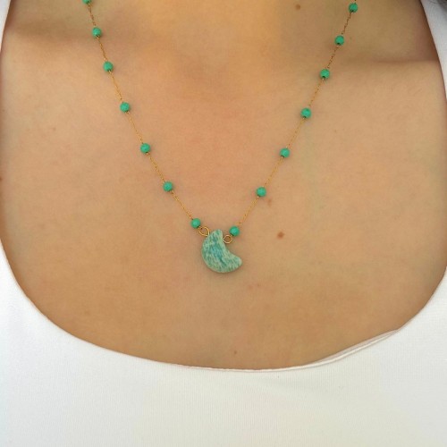 Naszyjnik z kamieniem amazonit księżyc stal pozłacana zielone koraliki