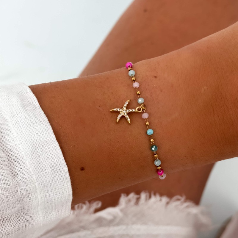 Kolorowa bransoletka boho z zawieszką rozgwiazdy – modny dodatek plażowy i letni ze stali nierdzewnej.jpg