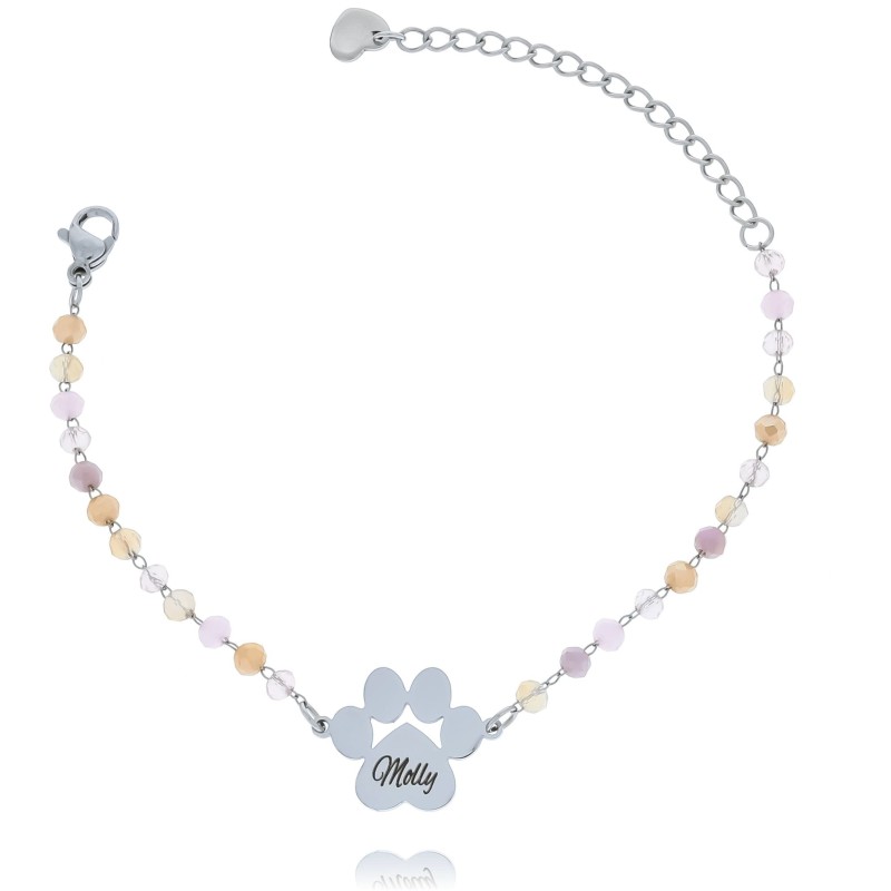 Bransoletka ze stali chirurgicznej z zawieszką w kształcie łapki, srebrna z koralikami, elegancka biżuteria z grawerem.