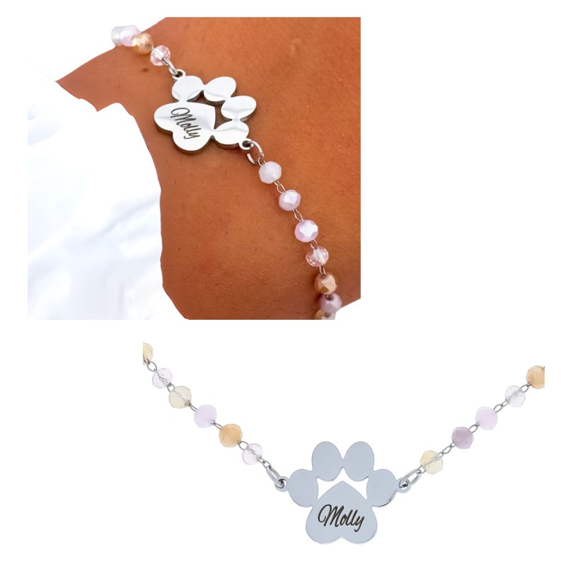 Bransoletka ze stali srebrna z grawerem imienia na psiej łapce, idealny prezent dla psiej mamy