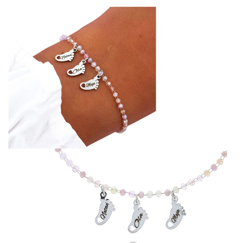 Kolaż srebrnej bransoletki ze stali chirurgicznej 316L z kolorowymi koralikami i zawieszką trzy stópki – ujęcie na nadgarstku i osobno na białym tle