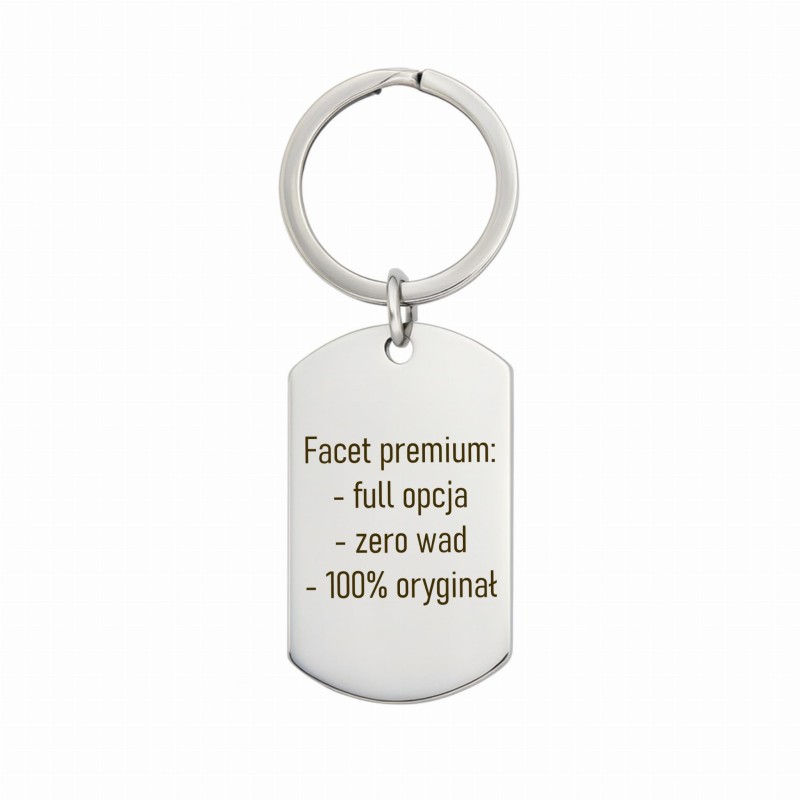 Brelok męski ze stali chirurgicznej na białym tle z grawerem Facet Premium – elegancki prezent dla chłopaka, męża lub przyjaciela, trwała i stylowa biżuteria męska”
