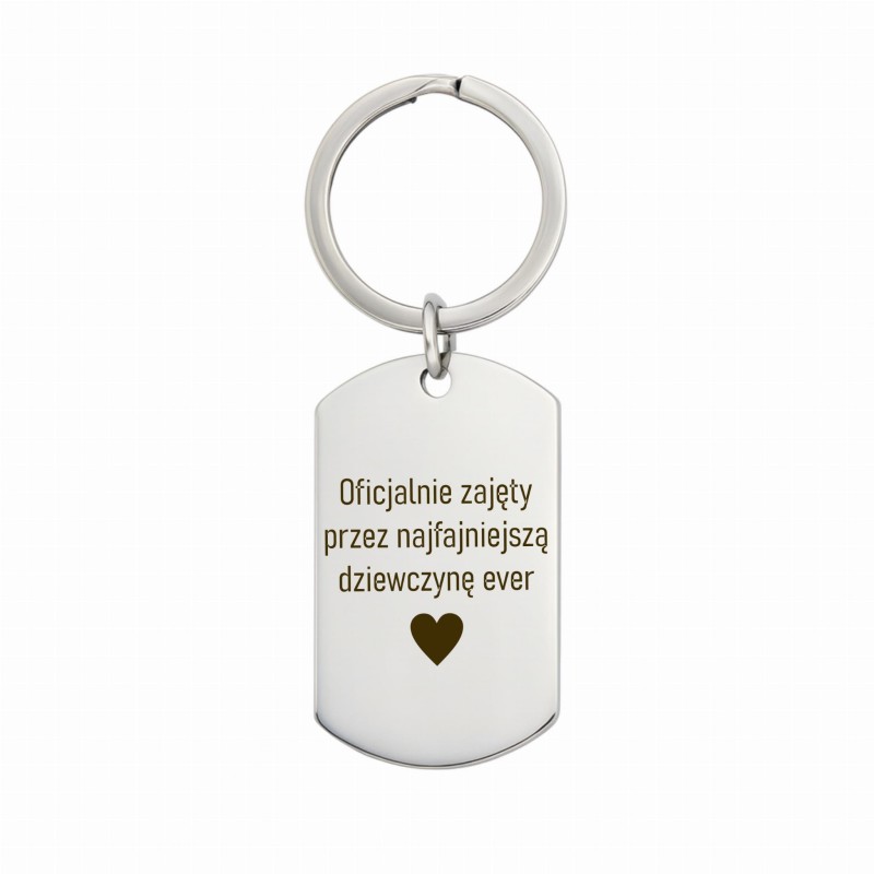 Brelok męski stal chirurgiczna na białym tle z grawerem Oficjalnie zajęty – prezent od dziewczyny dla chłopaka, elegancki i romantyczny upominek