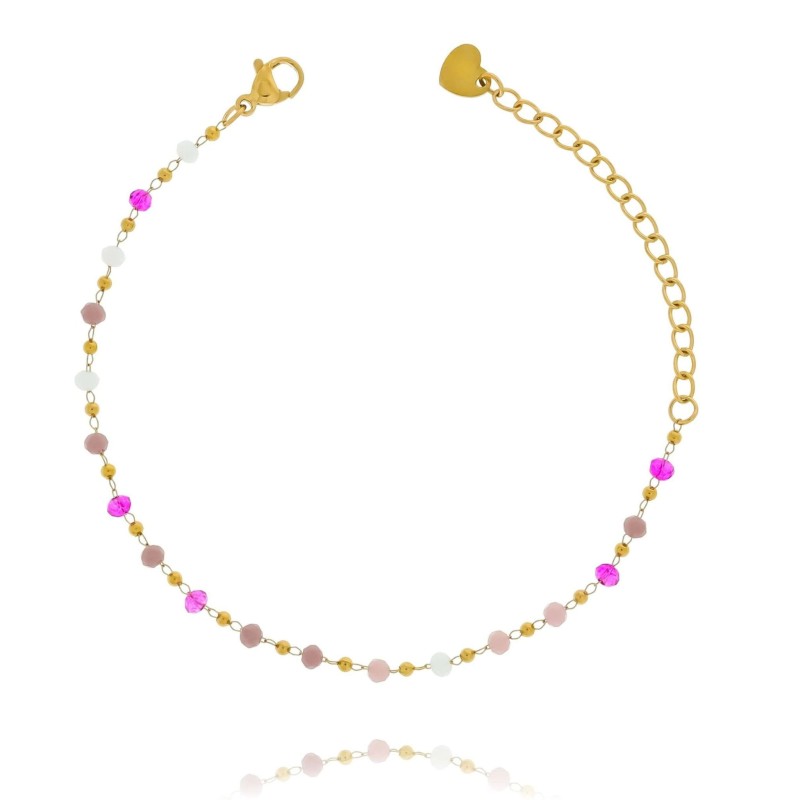 Bransoletka damska klasyczna z różowymi koralikami, pozłacana stal chirurgiczna 316L – zdjęcie na białym tle, elegancki dodatek idealny na prezent