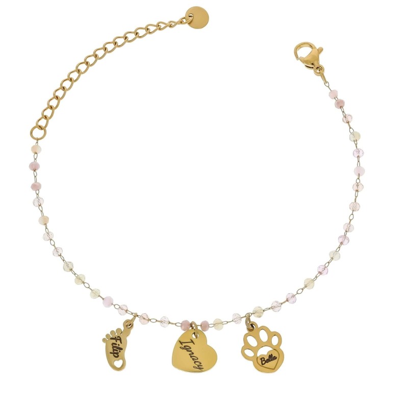 Bransoletka z różowymi koralikami i zawieszkami z grawerem Personalizacja na prezent dla mamy przyjaciółki i psiej mamy