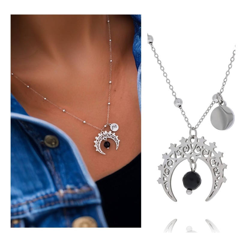 Naszyjnik na prezent z personalizacją. grawer literki. Stal kolor srebrny zawieszka księżyc. Modny, klasyczny wisior