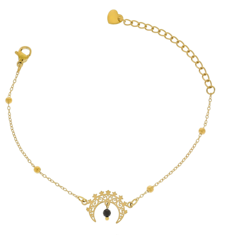 Delikatna bransoletka na złotym łańcuszku z ażurowym półksiężycem i fasetowanym koralikiem z naturalnego turmalinu. Minimalistyczny design, lekka forma i staranne detale