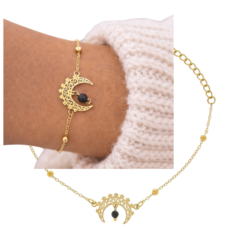 Elegancka bransoletka damska na delikatnym złotym łańcuszku z ażurowym motywem półksiężyca i fasetowanym koralikiem z naturalnego turmalinu