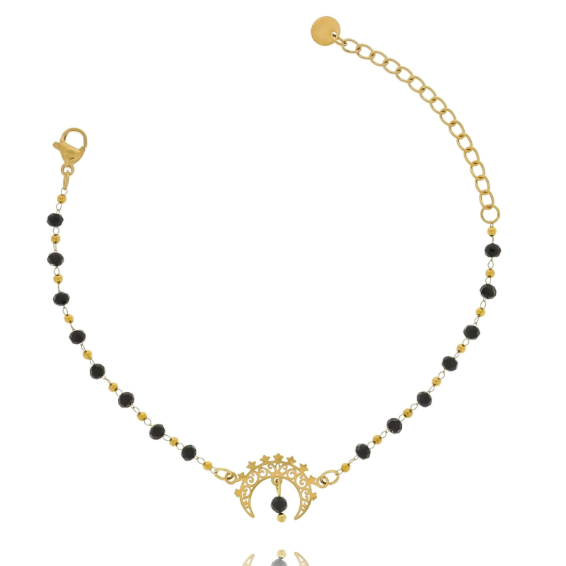 Bransoletka na złotym łańcuszku z koralikami z ażurowym półksiężycem i fasetowanym turmalinem. Elegancki prezent