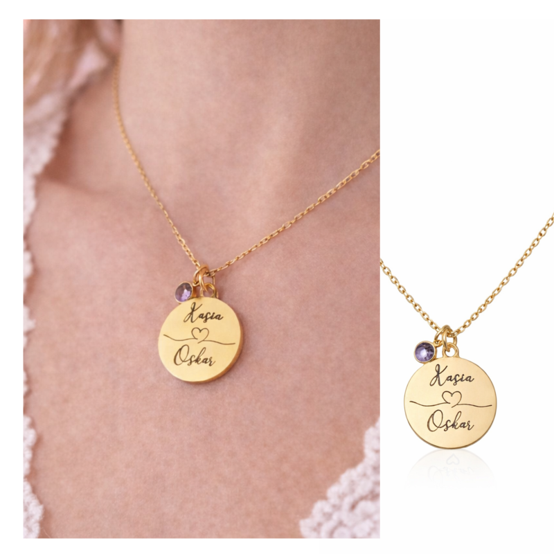 Naszyjnik ze stali z grawerem imion okrągła zawieszka. Kolor złoty