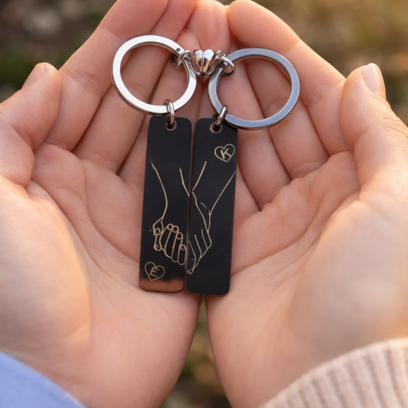 Brelok srebrny dla zakochanych Dla par z grawerem inicjałów i splecionych dłoni