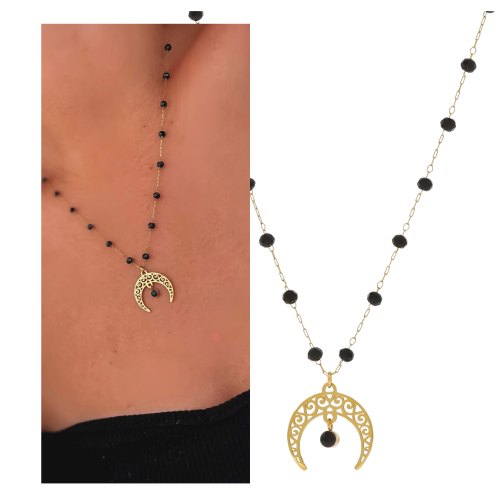 Naszyjnik stal chirurgiczna  czarne koraliki  kamień onyks księżyc kolor złoty