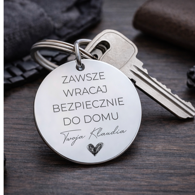 Brelok do kluczy z grawerem Zawsze wracaj bezpiecznie do domu Kolor srebrny