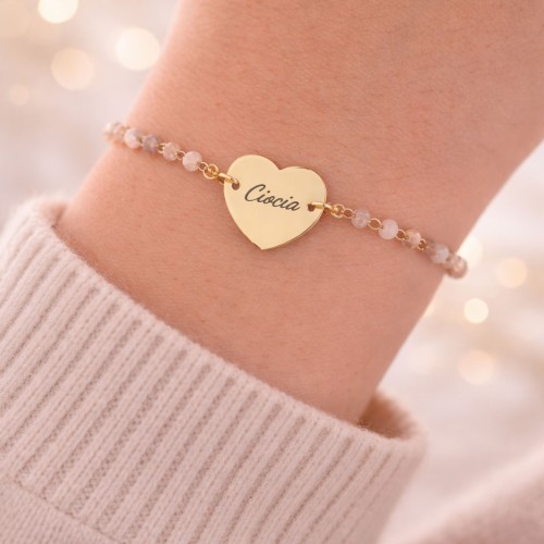 Bransoletka ze stali chirurgicznej z grawerem personalizowany napis ciocia różowe koraliki 