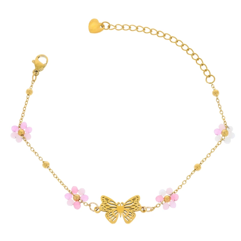Bransoletka złota z motylem i różowymi kwiatkami ze stali chirurgicznej na białym tle, subtelna biżuteria damska o delikatnym designie