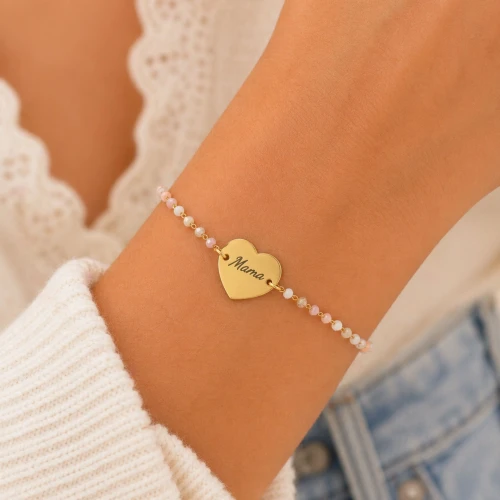 Bransoletka ze stali chirurgicznej z grawerem personalizowany napis mama różowe koraliki