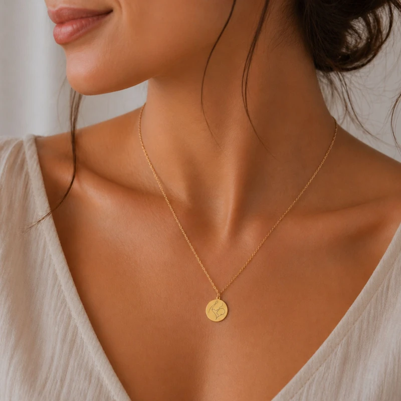 Złoty naszyjnik dla mamy z motywem mama i dziecko prezentowany na modelce. Subtelna biżuteria podkreślająca kobiecy styl i emocjonalny charakter.