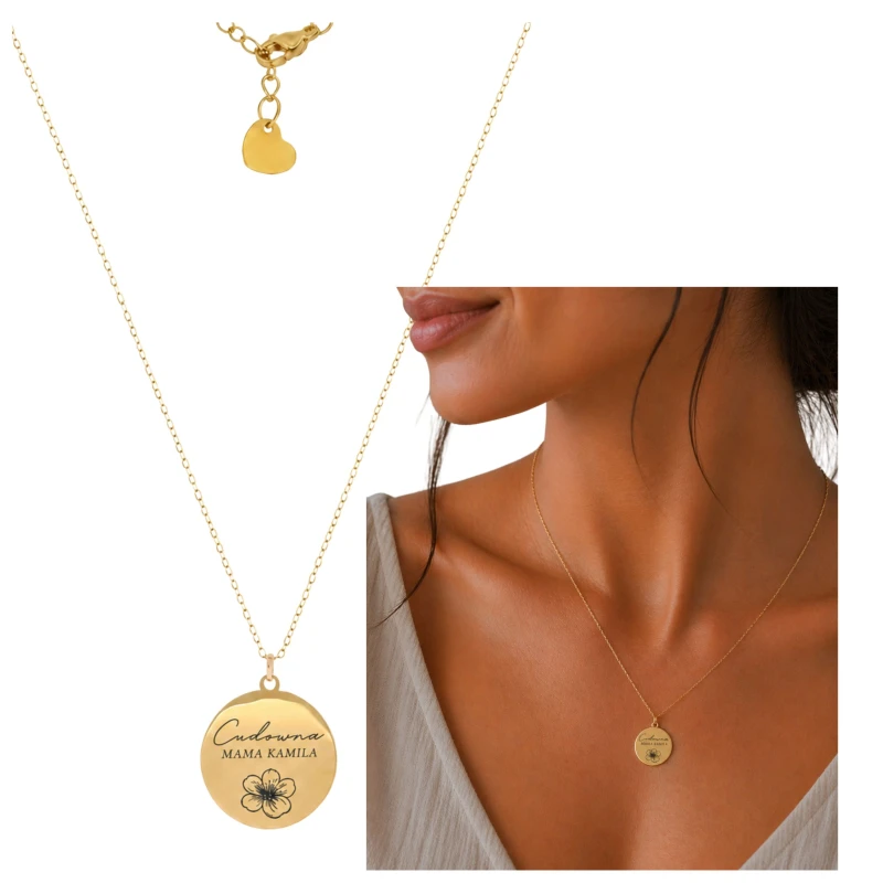 Zestawienie złotego naszyjnika dla mamy „Cudowna Mama” – zdjęcie produktowe na białym tle oraz prezentacja na modelce. Biżuteria z możliwością personalizacji imienia.